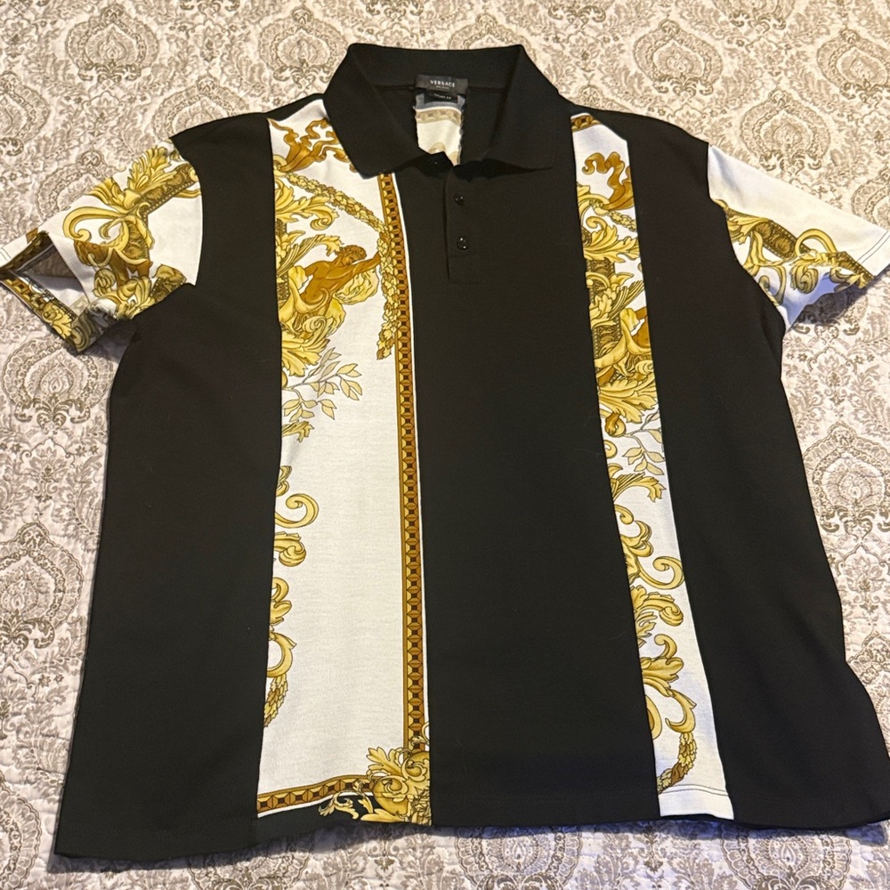 Versace Black and Gold Patterned Polo Shirt